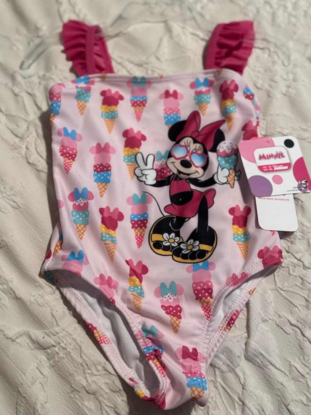 New Girls Disney Kids Pink Minnie Mouse Ice Cream One-Piece Swimsuit